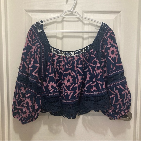 Free People Embroidered Crop Blouse Blue and Pink - Picture 3 of 8